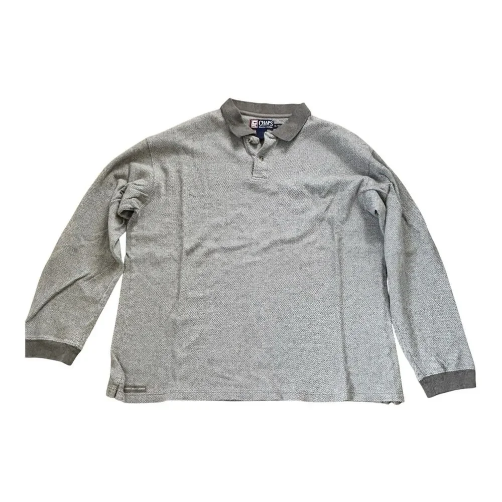 Chaps Ralph Lauren Polo Shirt Mens XL Brown Gray Herringbone Long Sleeve Vintage